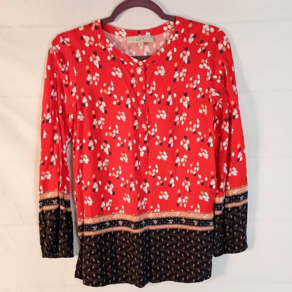 Ann Taylor Loft Tops - Ann Taylor Loft Floral Border Henley Blouse Red Blue Size S Top
